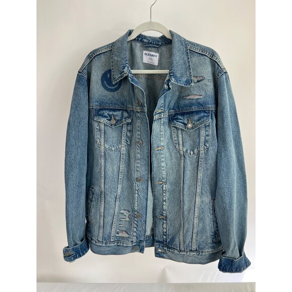 Old Navy XL Tall Distressed Denim Jacket Smiley Face Rainbow Lining Unisex NWT - Picture 1 of 8